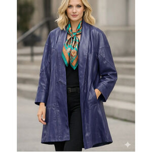 Vtg USA Rare Jacobson’s NY Leather Trench Coat Blue Purple Open Front Long -L